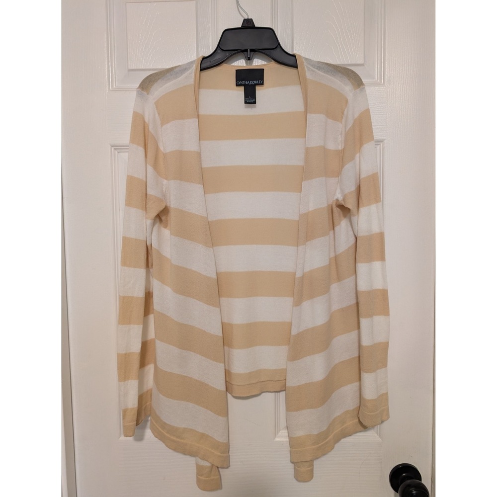 Cynthia Rowley Striped Knit Cardigan Sweater Open Front Tan‎ Cream L